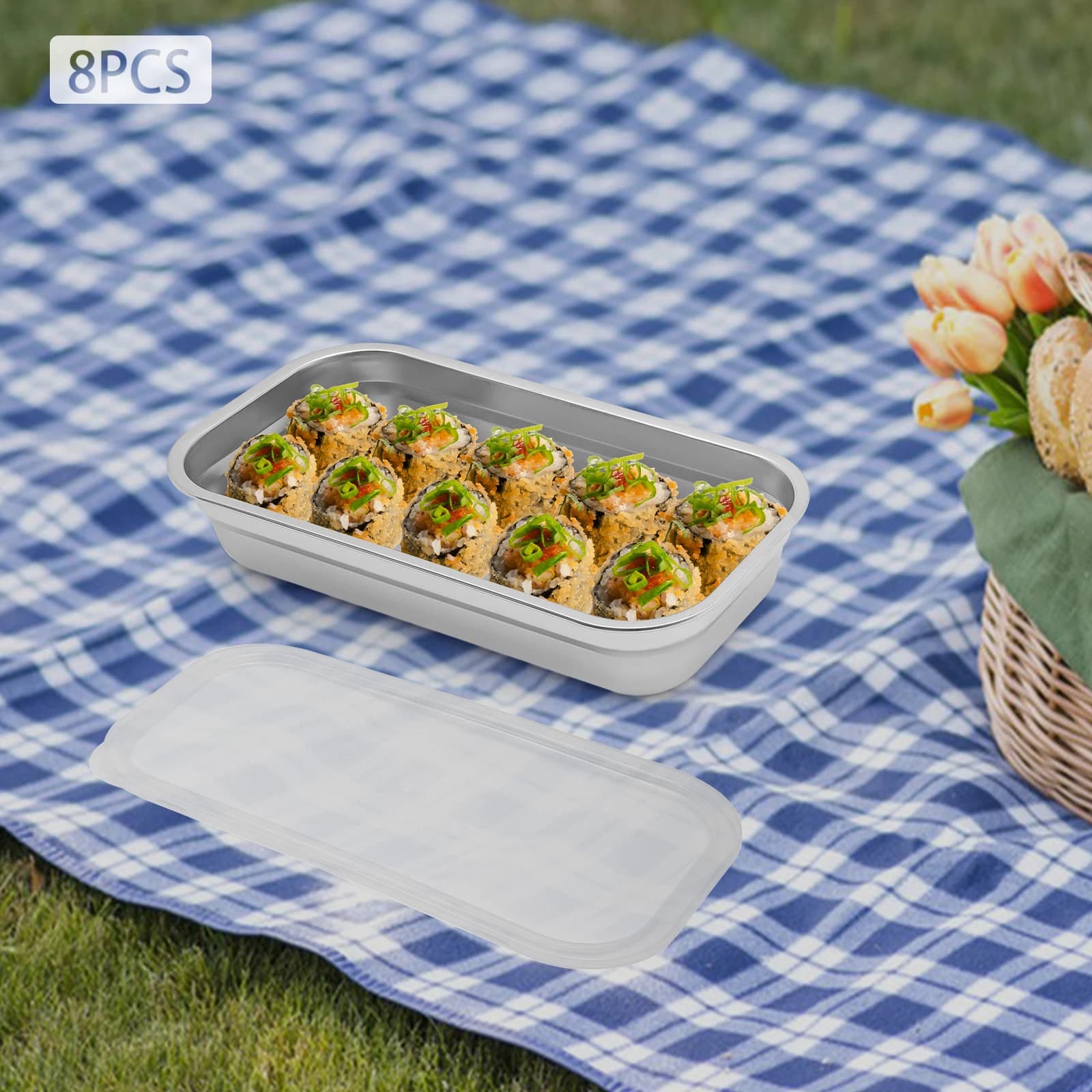 Set di 8 Contenitori per Alimenti in Acciaio Inox con Coperchi, Set di Contenitori Rettangolari da 3L per Preparazione Pasti, per Cucina, Catering e Buffet