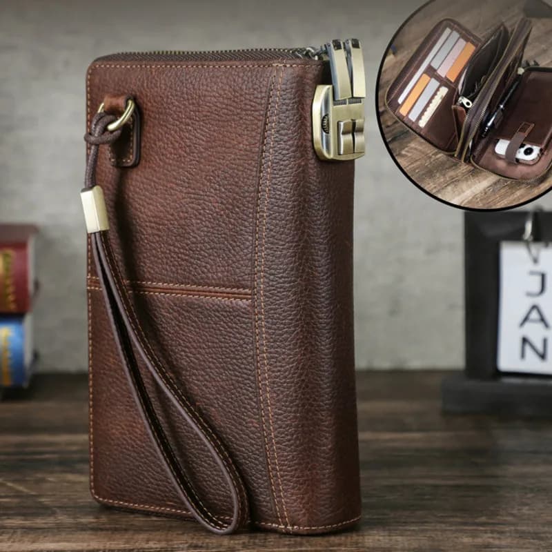Spazzola antifurto in pelle con motivo litchi in stile britannico alla moda, doppia cerniera, borse da polso, blocco password, passaporto da viaggio