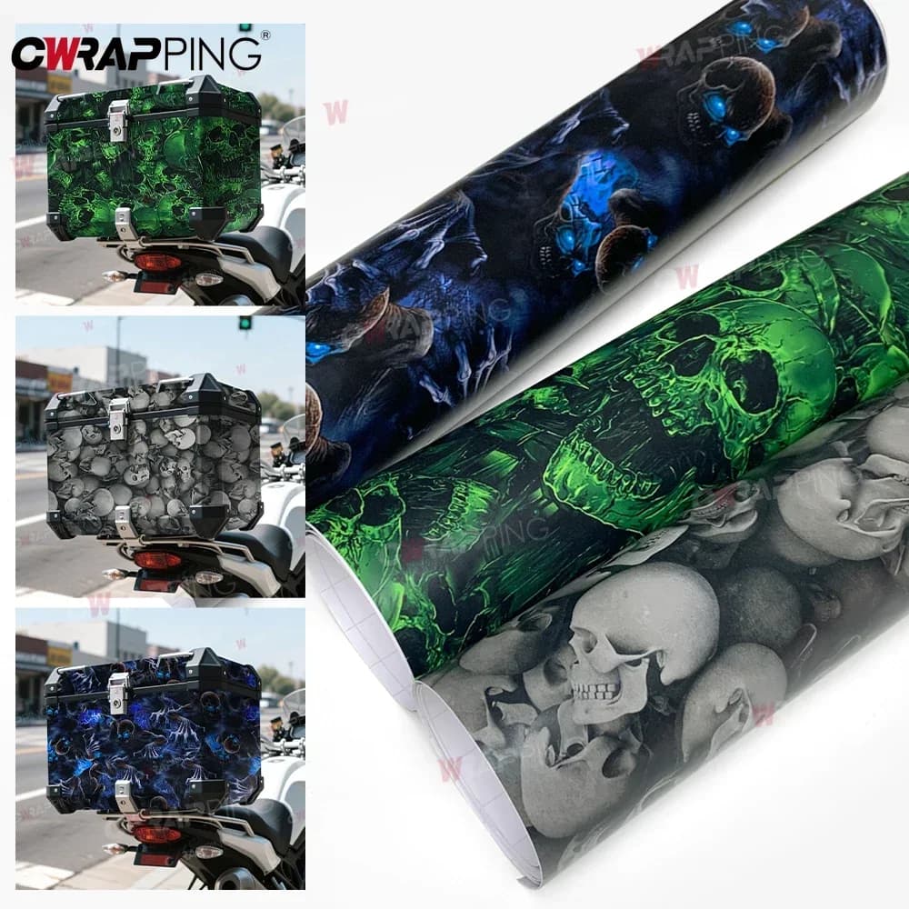 Decorazione per veicoli in PVC Carta vinilica con motivo teschio per copertura auto Pellicola autoadesiva impermeabile Scheletro Adesivi per moto