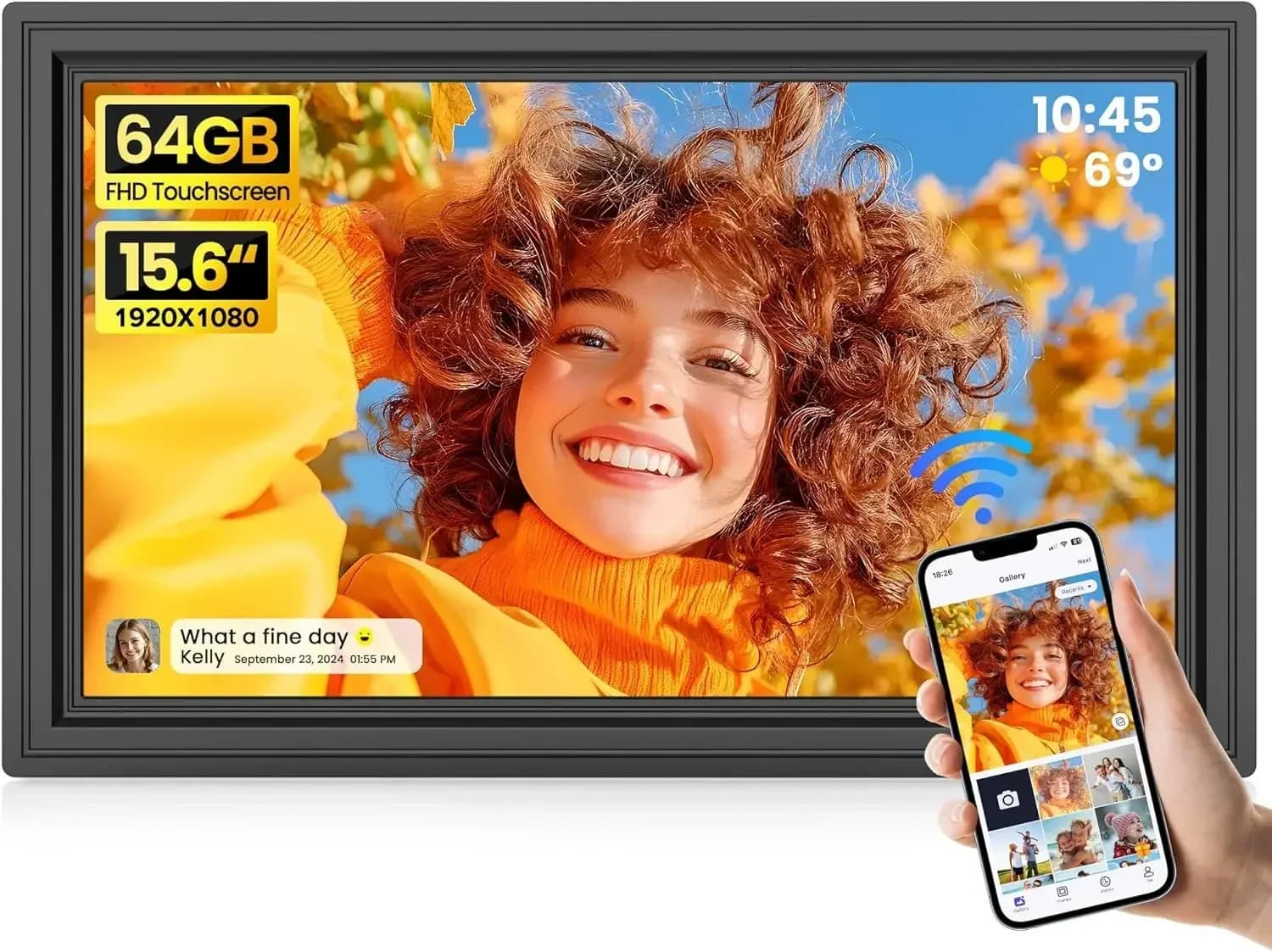 Cornice digitale grande da 64GB e 15.6 pollici, cornice elettronica WiFi Uhale con schermo touch IPS FHD 1920 x 1080, supporto Auto-R