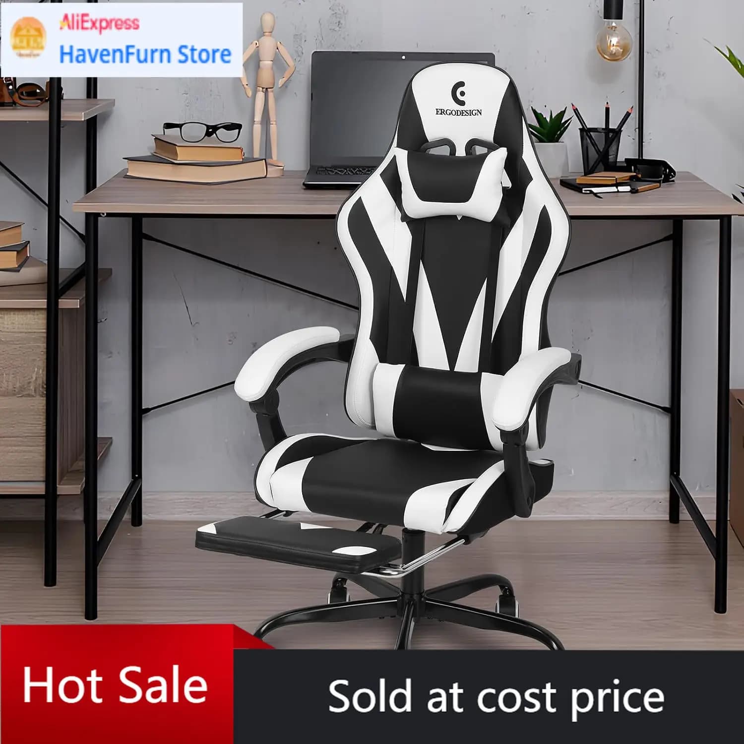 Sedia da Gaming con Braccioli e Poggiapiedi Collegabili, Sedia da Gaming con Schienale Alto, Nero/Bianco