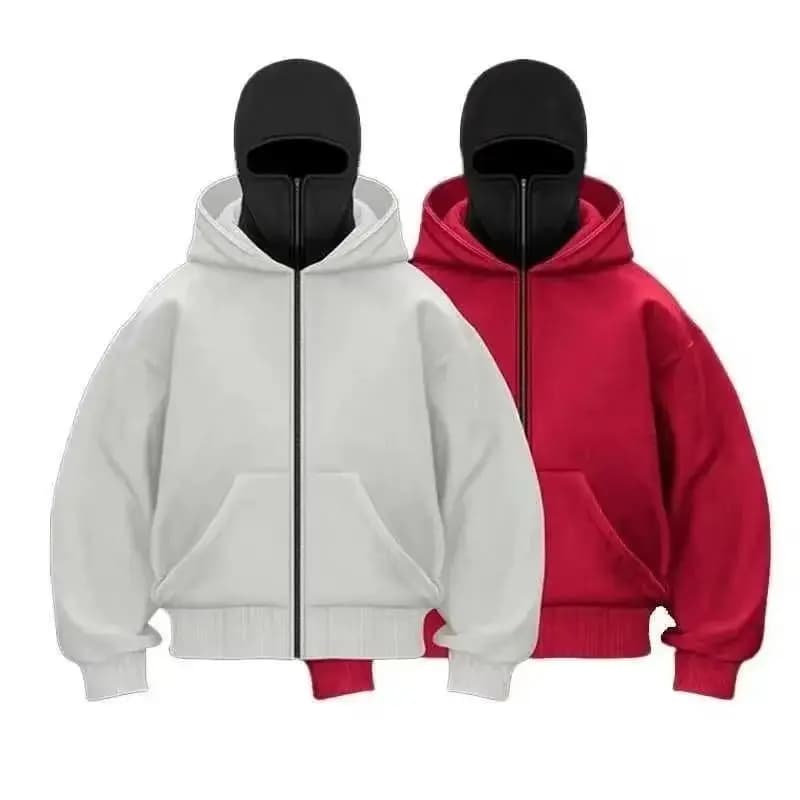 Y2K Hooded Face Mask Zipper Design Sports Jacket Balaclava Men Zip Hoodie Warm Casual Jacket Sweatshirt Outdoor Coat Clothing