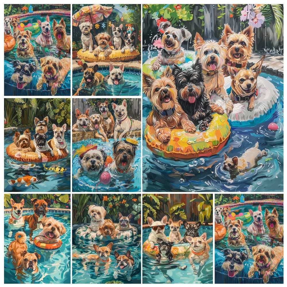 Painting By Numbers The Dog At The Swim Party Animals Adult Acrylic Kit DIY Art Paint Canva Artwork Gift Home Decoration