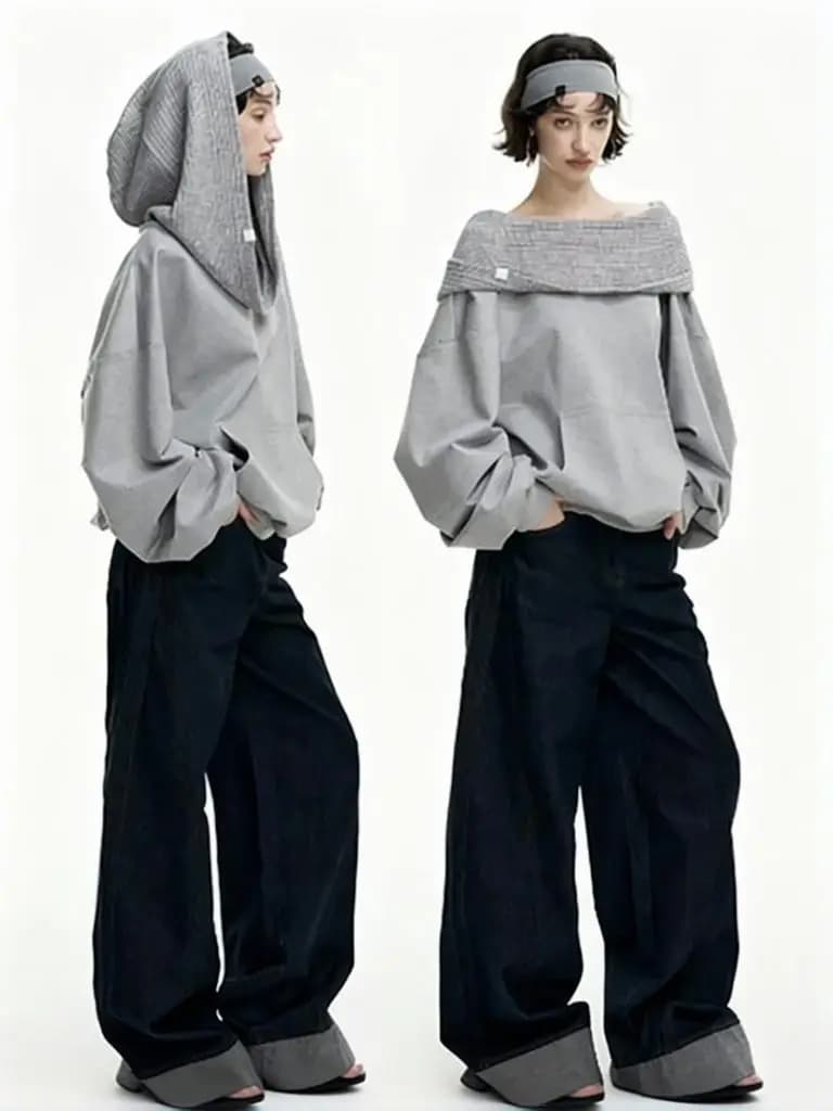 Maglione Oversize con Cappuccio da Donna in Maglia Autunnale, Pullover Casual a Doppio Uso, Maglione Designer alla Moda con Spalle Scoperte, Capo Spalla Scoperto Primaverile