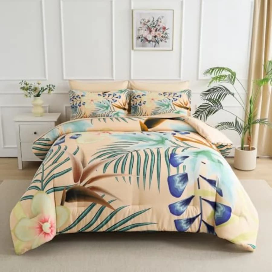 Set Copripiumino 7 Pezzi con Motivo Foglie Giallo-Verde, Design Reversibile, Morbido Copripiumino in Microfibra con S
