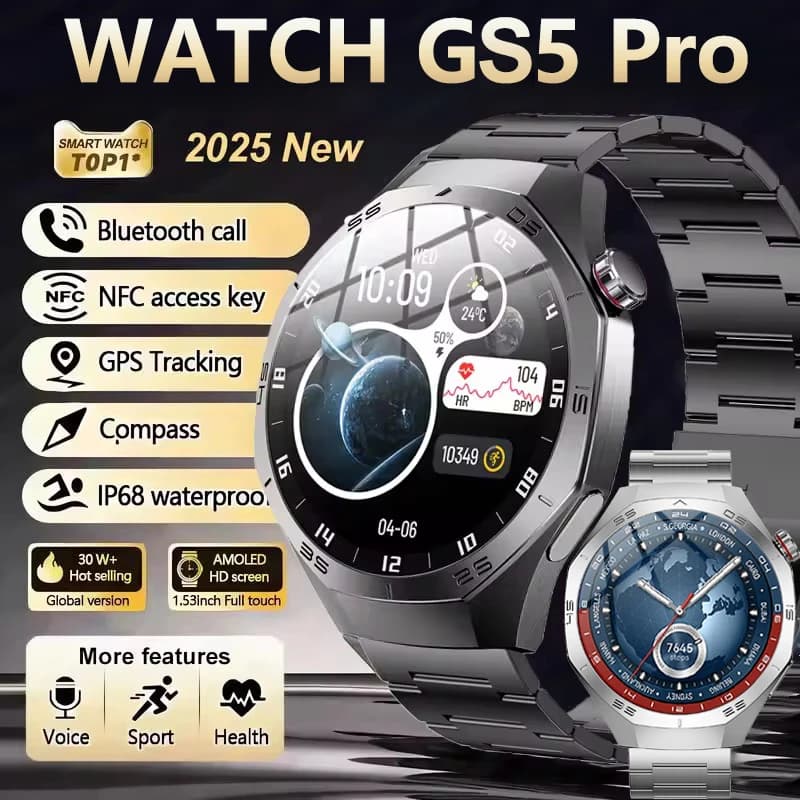 Smartwatch Sportivo GPS GS5 Pro Originale, Impermeabile IP68, Schermo AMOLED HD da 1,52 Pollici, Cardiofrequenzimetro, Chiamate Bluetooth, per Uomo e Donna