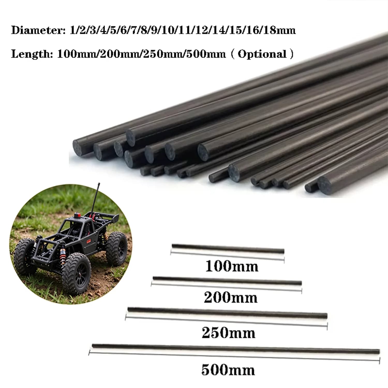 1/5/10pcs 1mm-18mm dia. model airplane carbon fiber round rod CFRP Stick bar CF Solids kite carbon fibre rod C-BAR