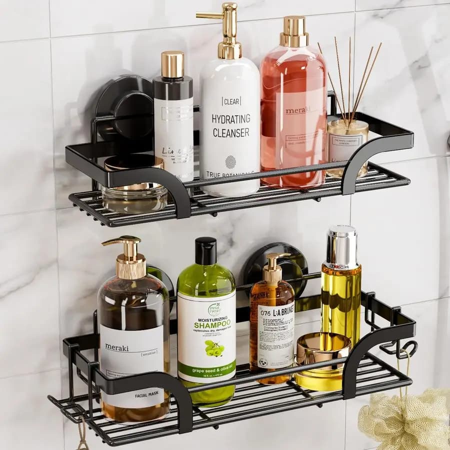Suction cup shower shelves, 2 pieces, black anti-rust metal bath shelves, bath organizer without drilling