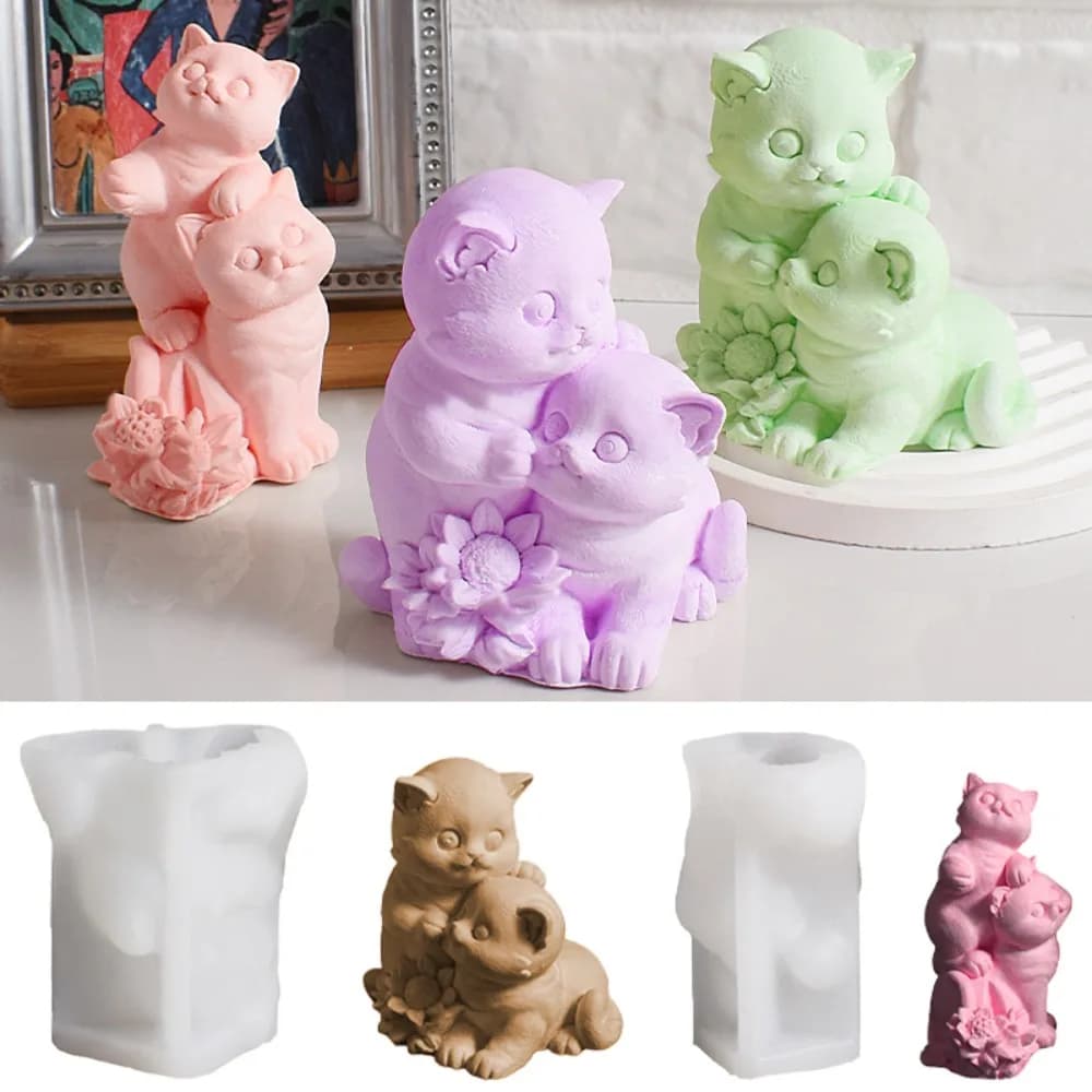 Due gattini candela fiore stampo in silicone aromaterapia fai da te gesso argilla animale auto ornamento gatto goccia colla stampo in resina regali di compleanno