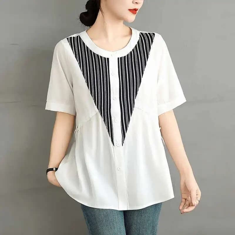 Estate nuova camicia a maniche corte versatile alla moda impiombata a righe camicette patchwork con scollo nero allentato da donna