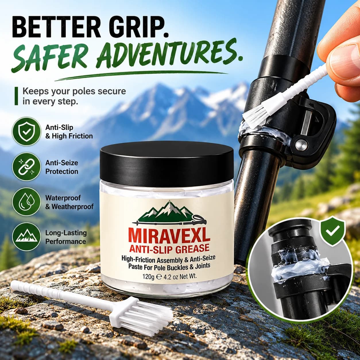 Hiking Pole Anti-Slip Grease Lubricant, for Telescopic Lock & Joint Care, Come with Brush, Outdoor Trekking Maintenance