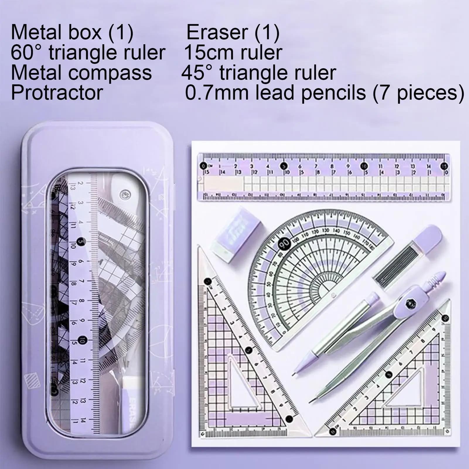 Set di geometrie per studenti Kit bussola righello geometria per strumenti di disegno scolastico Cancelleria con scatola di immagazzinaggio per bambini Adolescenti Ragazze