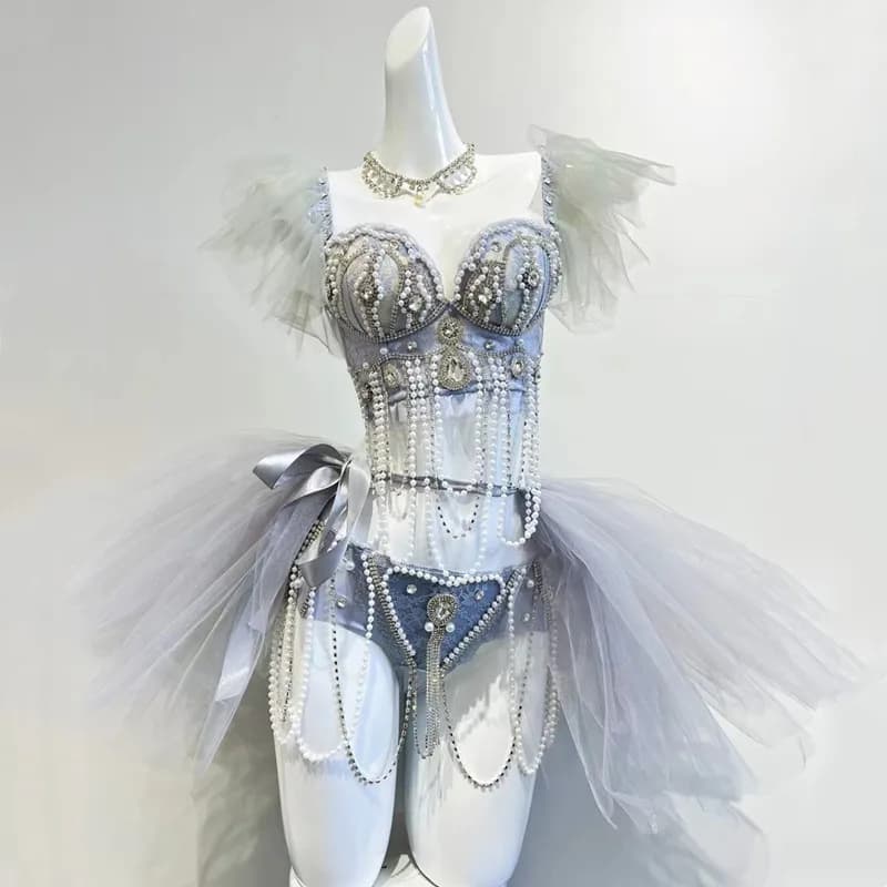 Abiti da donna Perline Bikini di cristallo Abbigliamento da palcoscenico Bar Discoteca Gogo Costume da ballo Spettacolo di feste Rave Outfit Ballerino Festival musicale