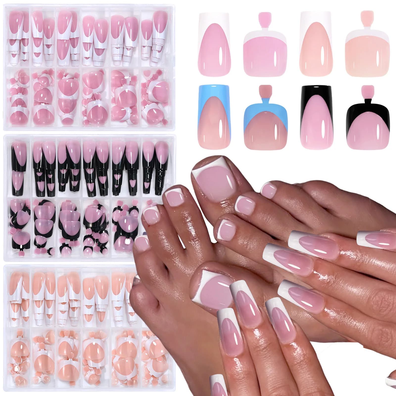 288PCS French Nails Fin Nails Set White/Black/Blu French Edge Presses On Nail Set Manicure FAI FROM TE Fin Nails