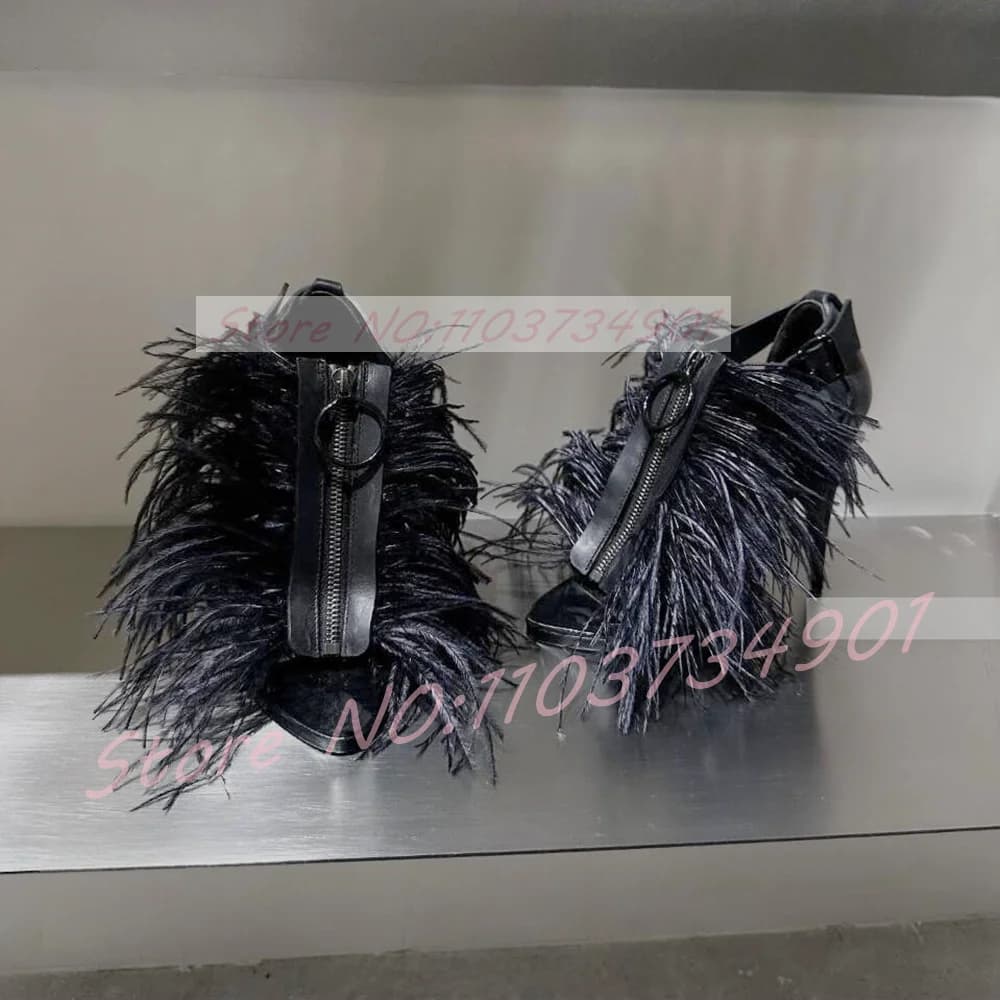 Black Feather Open Toe Sandals Women Trendy Edgy Zipper Ankle Buckle Strap High Heels Sandals Lady Sexy Nightclub Party Footwear
