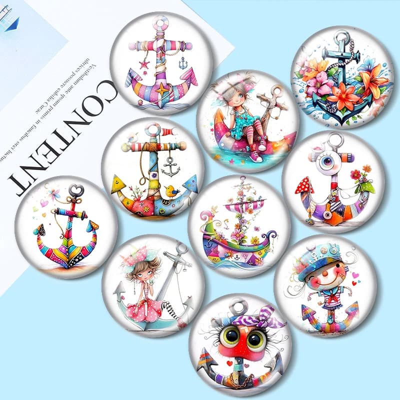 Watercolor Anchor 12/18/20/25mm glass cabochon bracelet pendant rings for jewelry demo earrings back Making findings
