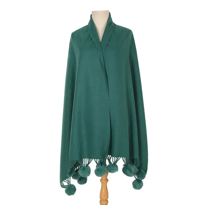 Autumn Winter Imitation Rabbit Furry Ball Sweatshirt Knitting Skills Women's Poncho Women's Mantelles Green Mantelli P7
