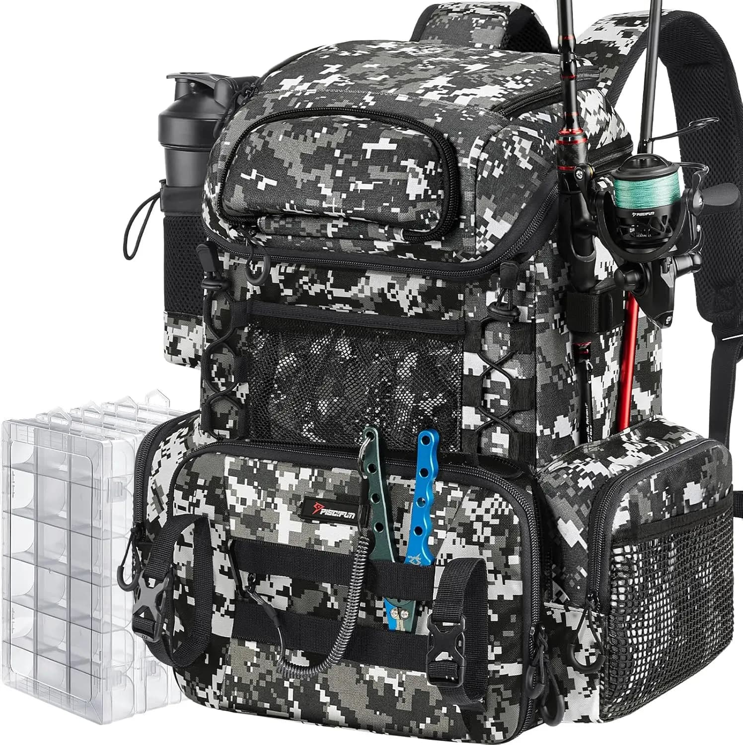 42L Waterproof Fishing Backpack with Candle Holder and 4 Equipment Boxes, Outdoor Fishing Equipment