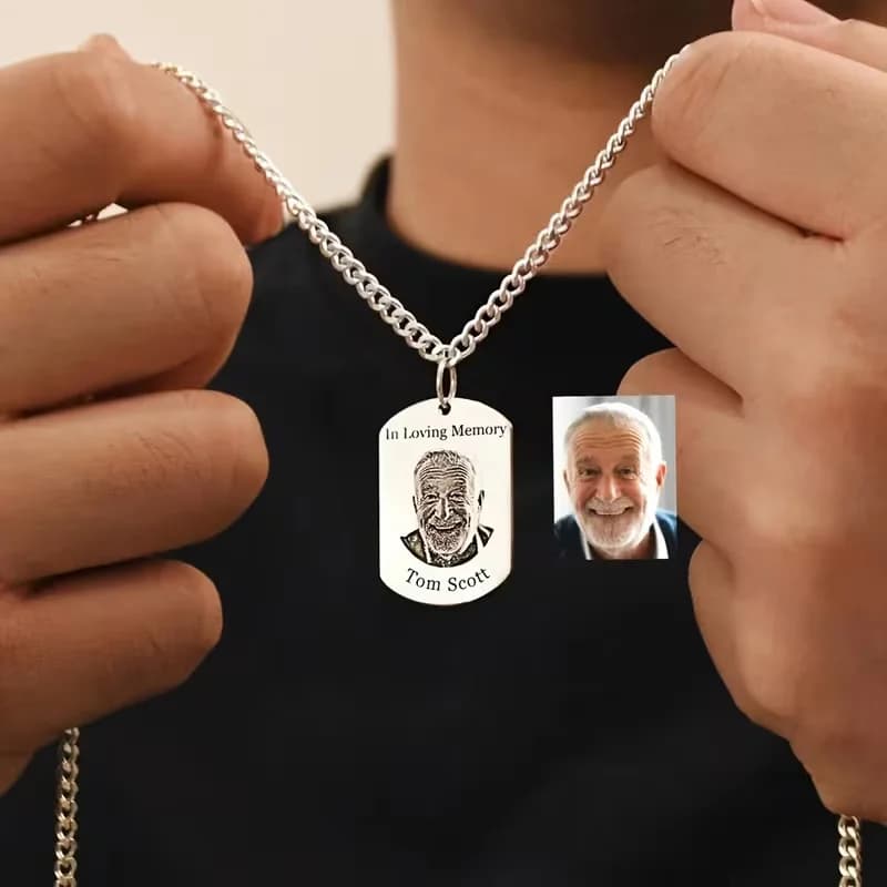 Custom Cuban Chain Necklace, Laser Engraving with Portrait, Couple Photos, Memorial Pendant, Dad Gift