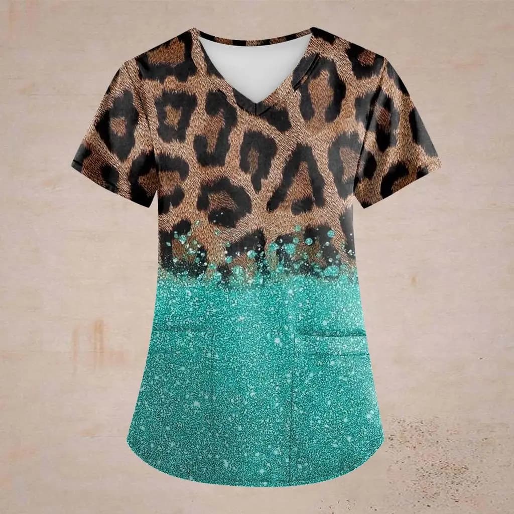 Summer Retro Leopard Printed Scrub uniforme da lavoro top per donna Cross scollo a v manica corta Lovely Fun t-shirt abbigliamento coreano