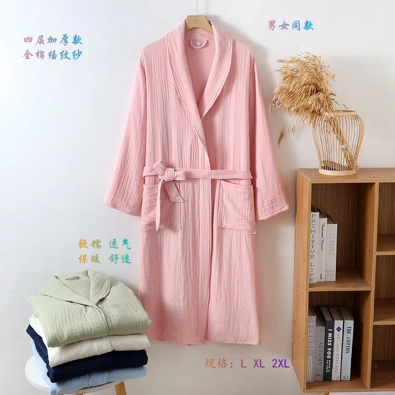 Accappatoio in garza di cotone a quattro strati, con colletto verde, camicia da notte, vestaglia, abbigliamento da casa con cappuccio allungato e ispessito