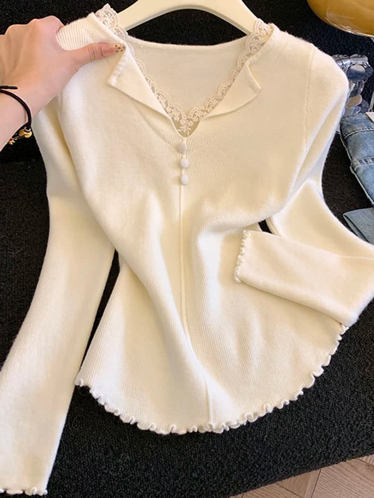 Lace Long Sleeve Knitted Sweater Women's Spring Fashion Slimming Inner Outer Wear Casual Style V-Neck Color Spring 2026