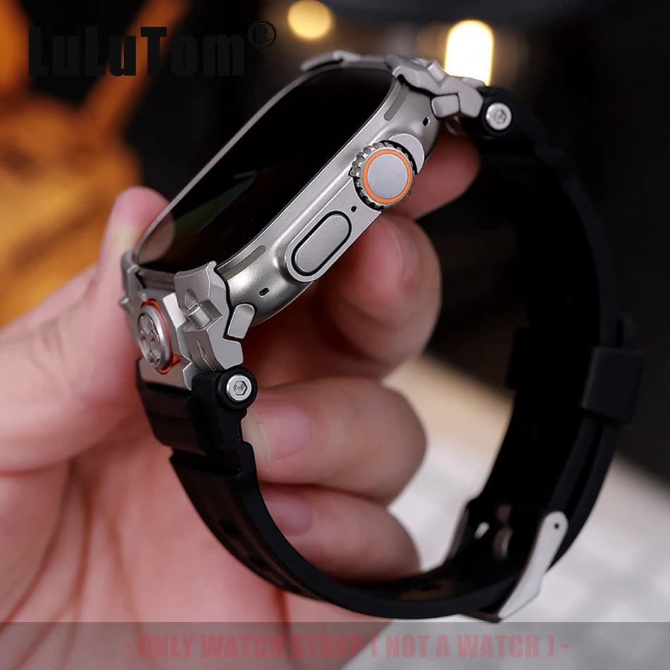 Men's Mecha Style Silicone Strap for Apple Watch Ultra 3 49mm Strap Titanium Color Sports IWatch Series 3 2 1 Spare Strap