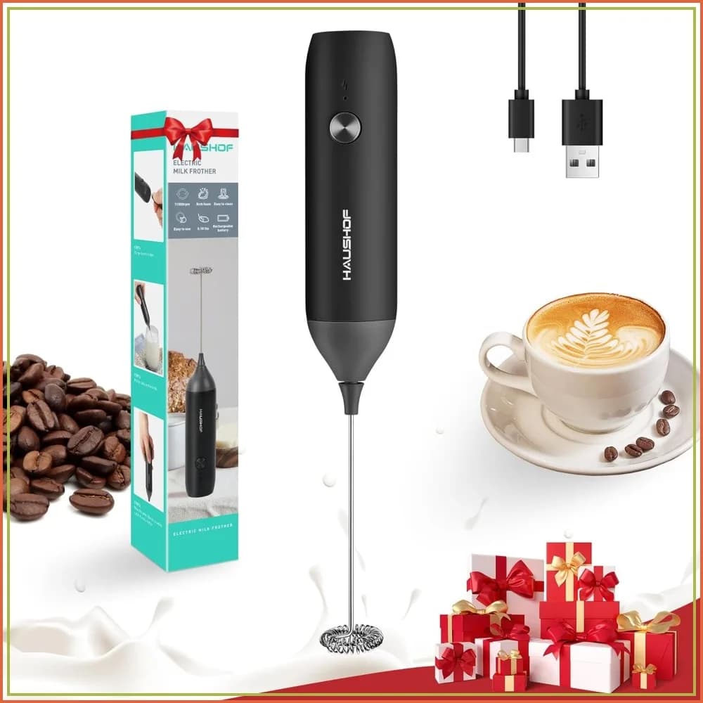 Rechargeable Milk Frother Wand, Handheld Electric Foam Maker, Drink Mixer with Detachable Stainless Steel Whisk for Coffee Latte, Cappuccino, Matcha, Black