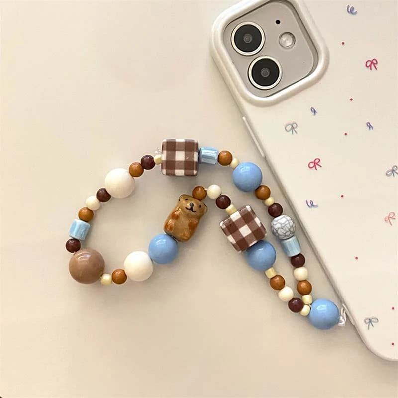 New Cartoon Cube Puppy Bead Mobile Phone Chain Wrist Lanyard Sweet Girl Heart Keychain Anti-lost Rope Bag Pendant Accessory Gift