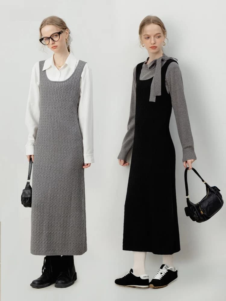 Abito a Gilet con Scollo a U in Maglia Eggka, Vestito da Donna Aderente Versatile in Fibra di Poliestere, Stile Stratificato, Moda Autunnale