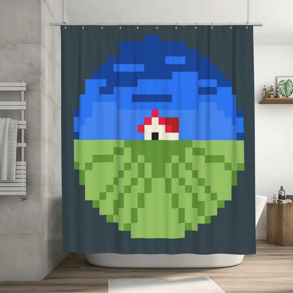 Tenda da doccia Pixel Art Cozy Countryside Landscape, tende da bagno impermeabili in poliestere con ganci
