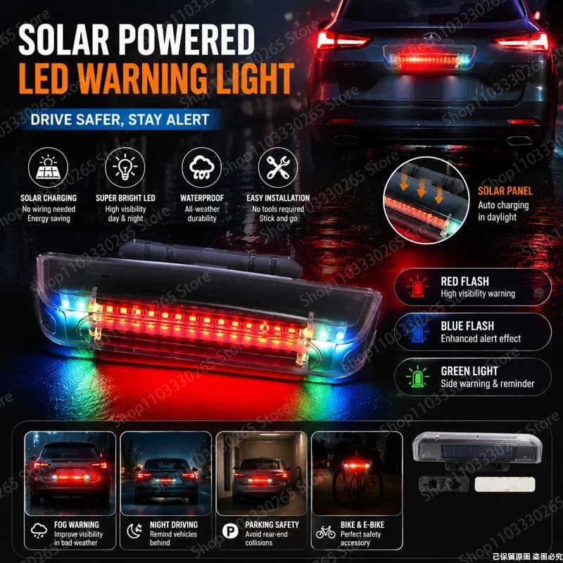 Solar-Powered LED Warning Light, Multi-Color Flash, High Visibility, Waterproof, for Cars, Bikes & Night Safety