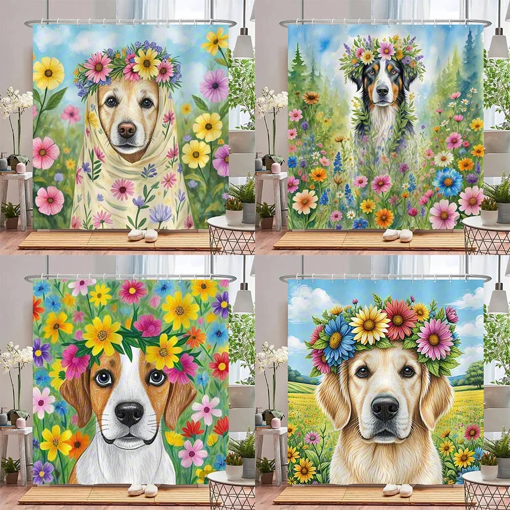 tenda da doccia con fiori e piante acquerello per cani e animali. Tende da bagno impermeabili in poliestere con stampa con gancio per decorare la tenda