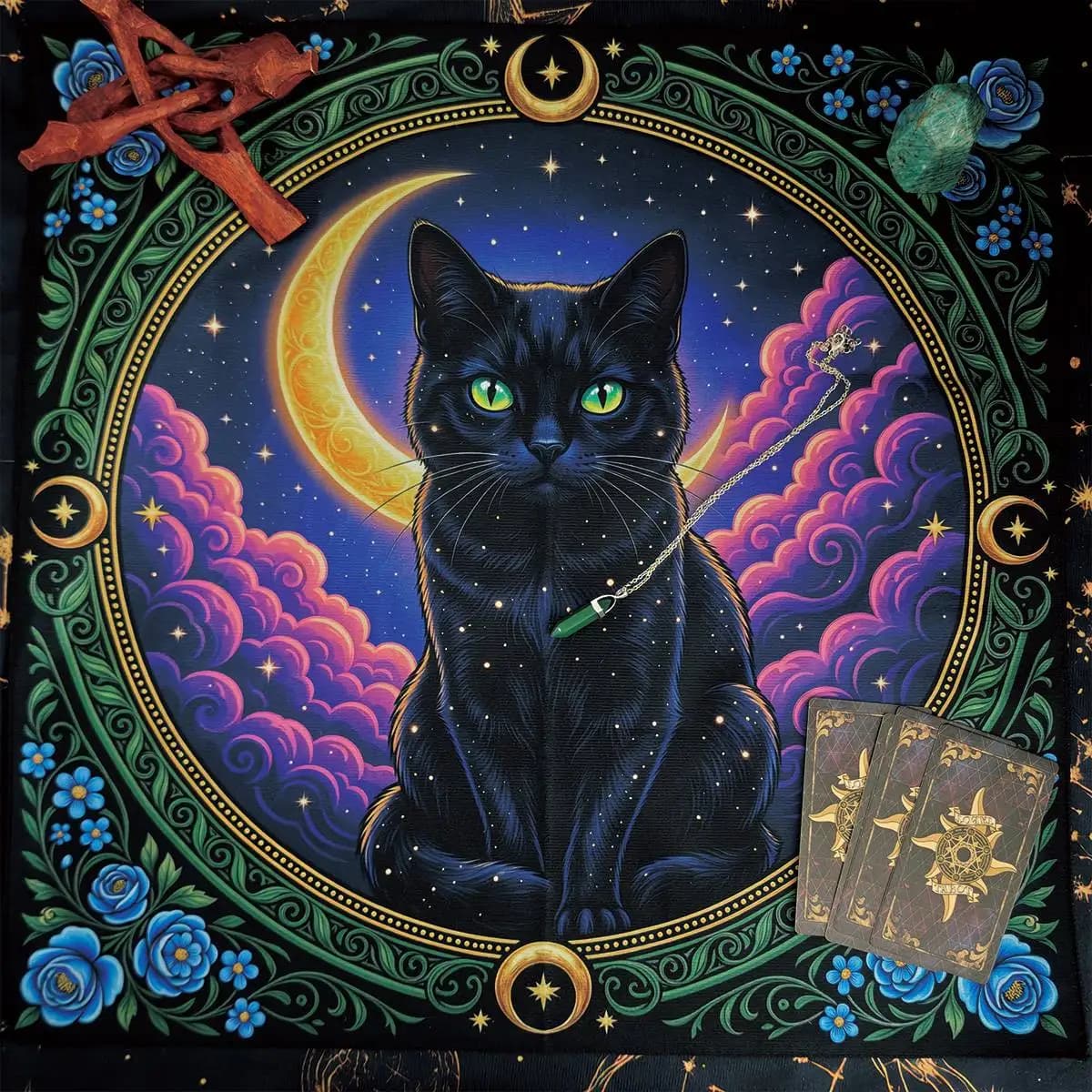 Black Cat Tarot Tablecloth Altar Cloth Moon & Starry Sky Witchcraft Divination Oracle Card Vibrant Flower Tarot Reading Cloth