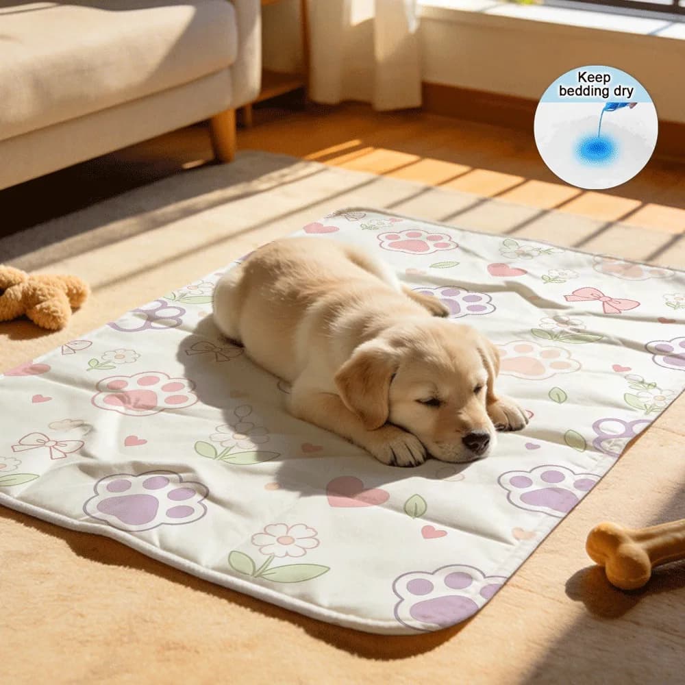 Sweet-style Floral Print with Cat Paw Motifs Reusable Absorbent Pet Underpads with Waterproof Barrier