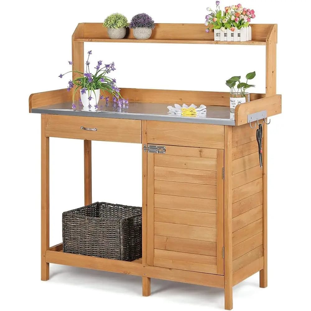 Outdoor Potting Bench with Storage Potting Table, Wood | Provides spacious worktop for planting, repotting, and organizing garde