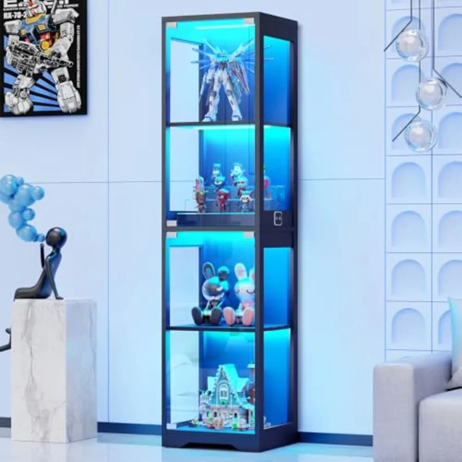 Vetrina a 4 Ripiani in Vetro con Ripiani Regolabili e Illuminazione Ambientale a 3 Colori per Conservazione Oggetti da Collezione, Design Moderno Nero