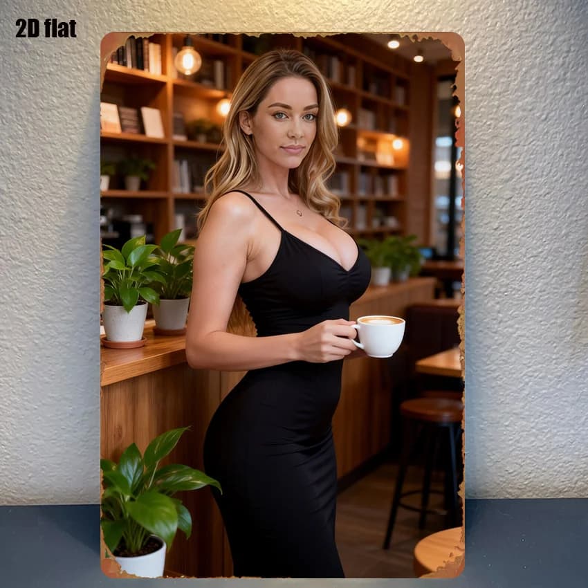 Targa in Metallo 2D ad Alta Definizione con Donna Sexy Curvy in Top Nero e Leggings, Posando in Stile T
