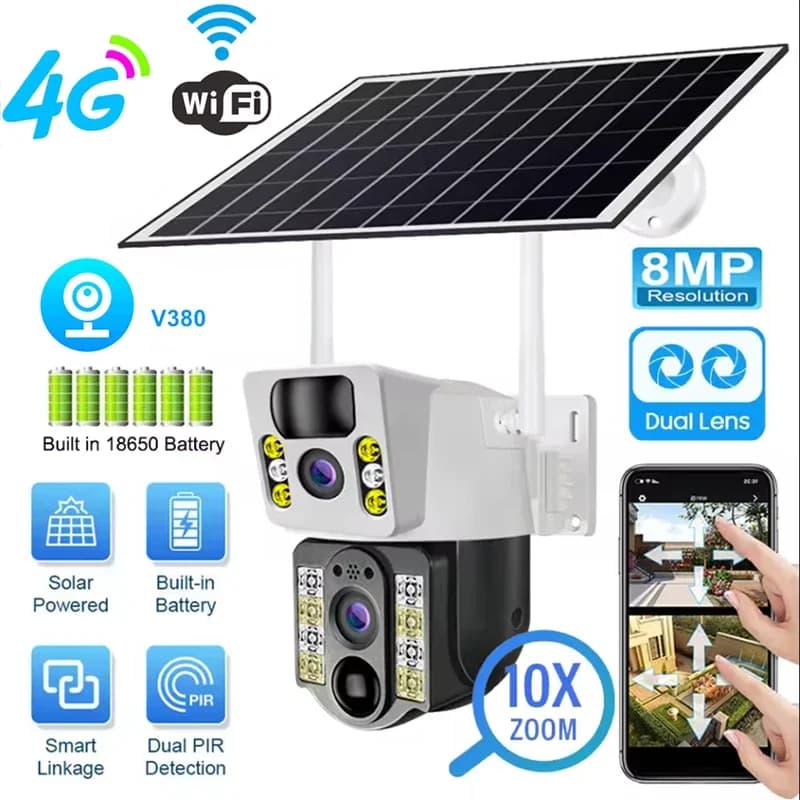 Telecamera Solare 8PM 4K con Doppia Lente, Wi-Fi, Doppio Schermo, Rilevamento PIR, IP66, Videosorveglianza CCTV, Allarme di Movimento