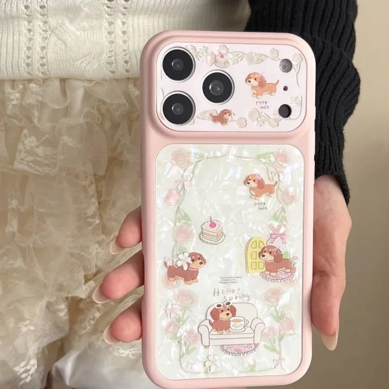 Custodia per iPhone 17 17Pro 17Pro Max 16 15 Pro Max con motivo a conchiglia e cucciolo, floreale rosa, protezione completa per l'obiettivo, antiurto