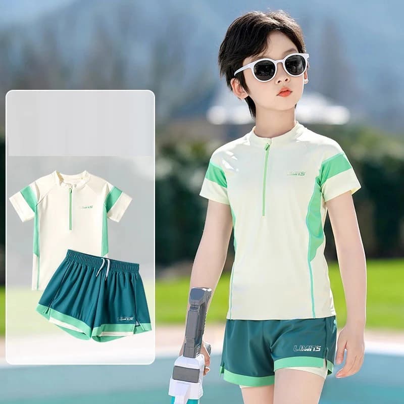 Pantaloncini a doppio strato Costumi da bagno per ragazzi Costume da bagno 2 pezzi Costume da bagno per bambini Manica corta Costume da bagno per ad asciugatura rapida per adolescenti