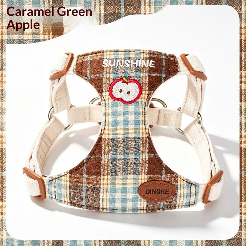 Vintage Plaid Embroidered Dog Harness and Leash Set, Ultra Light Breathable No‑Pull Vest Harness Adjustable Pet Harness Dogs