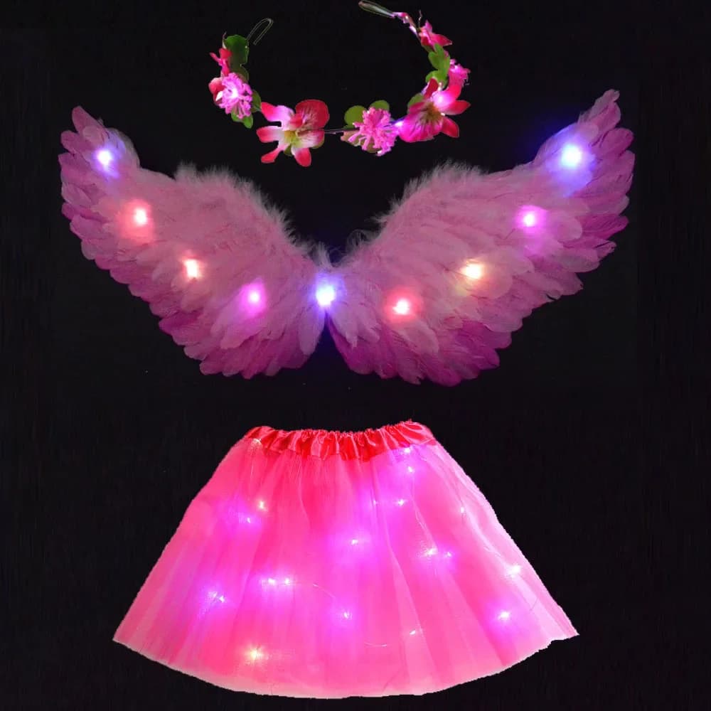 Evento Costume da fata dei fiori per ragazza Donna Tutu leggero Gonna a led Ghirlanda di piume d'angelo Ala Halo Compleanno Glow Party Supplies