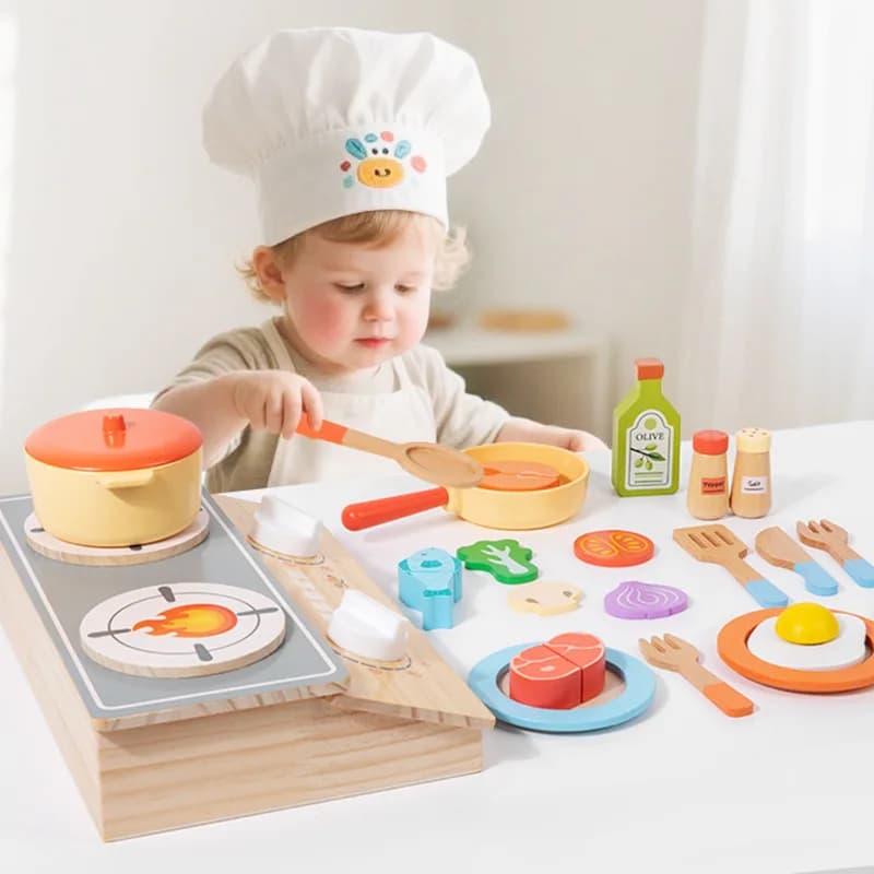 Montessori Early Education Wooden Child Simulation Kitchen Pretend Cooking Vegetables Meat Rice Cooker Set with Tools Girls Toys