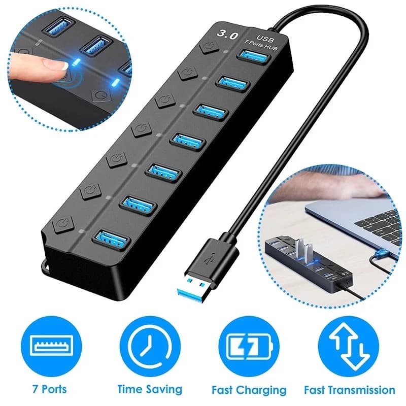 7 In 1 High Speed Multi Port USB 2.0 HUB Adapter USB 3.0 Hub USB Splitter Multiple Extender With LED Lamp Switch For PC Laptop