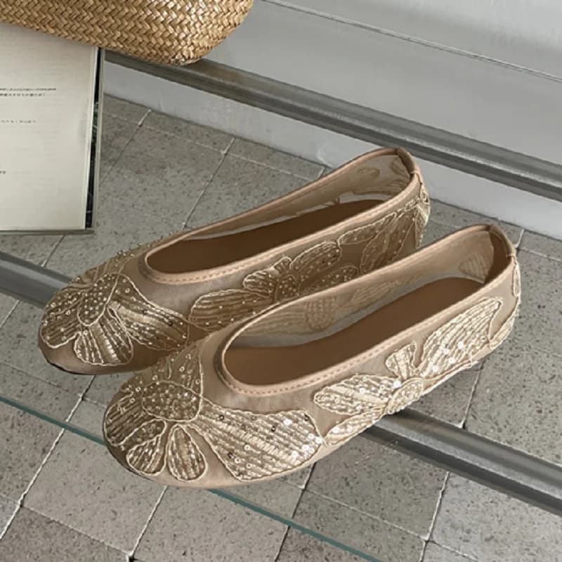 Eilyken BIG Size 43 Sequin Fabric Breathable Mesh Flat Heels Women Shoes Fashion Elegant Cozy Mary Jane Ballet Sandals