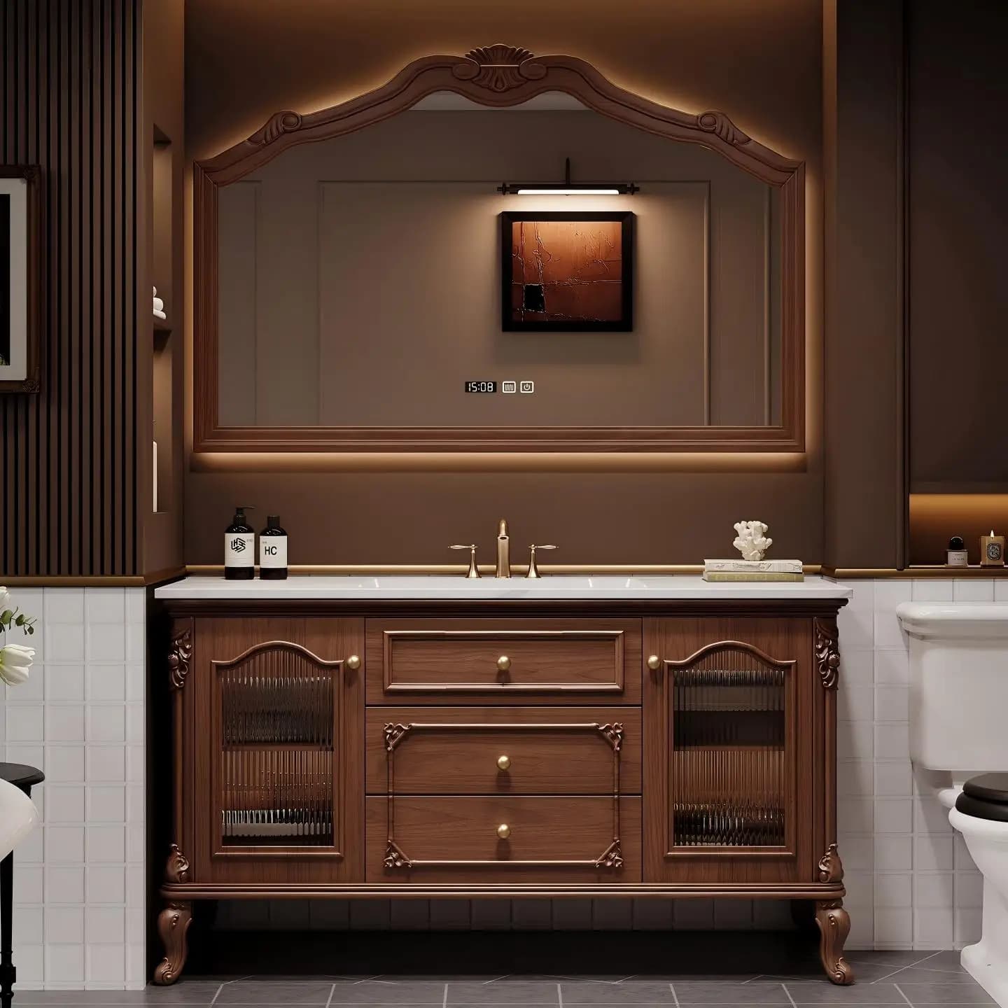 Mobile da Bagno di Lusso di Alta Gamma con Lavabo e Specchio LED; Mobili da Bagno Personalizzabili Disponibili