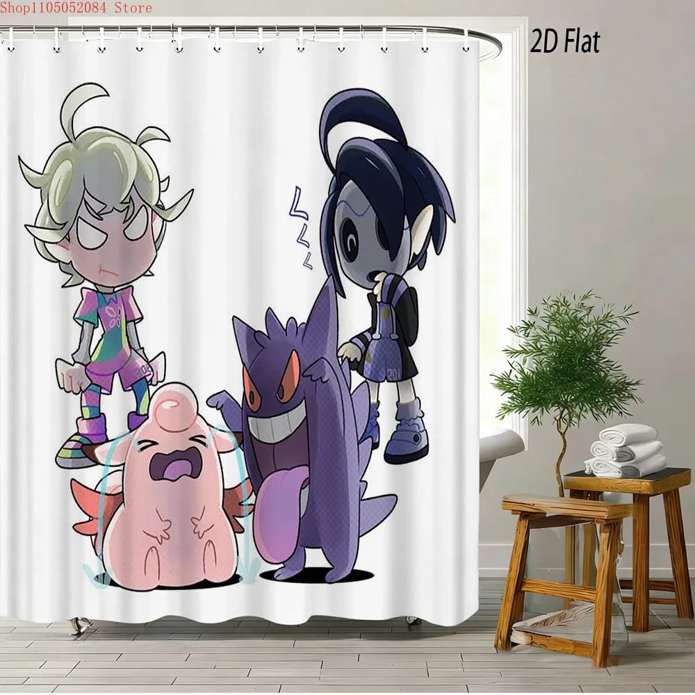 Tenda da doccia impermeabile con stampa 2D di Pokémon Sword and Shield Bede & Allister con Chansey & Gengar in scena scherzosa, bianco pulito