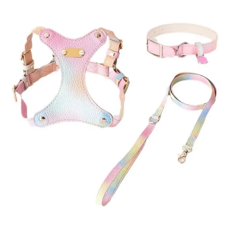 Luxury Waterproof Reflective Dog Harness Collar and Leash Set Soft Leather Pet Set with Bell Multiple Colors