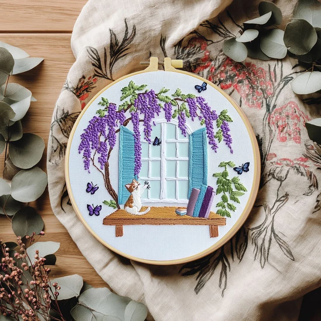 1pc 20X20CM/15X86CM The window sill of the wisteria tree Embroidery Starter Kit DIY Cross Stitch Sewing Art for Gift